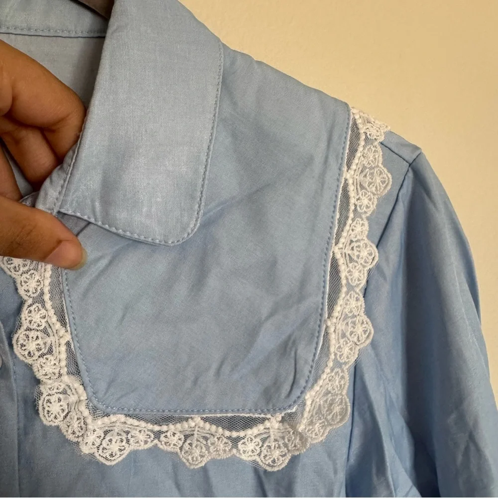 Vintage Light Blue Satin Lace Collar Blouse Button Shirt Girls Size 8 - 10